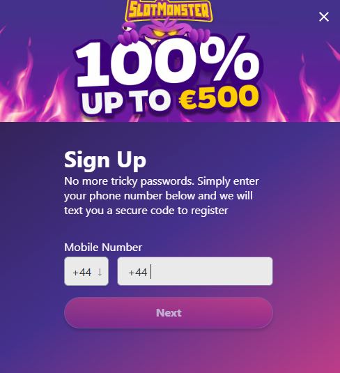 Register SlotMonster account using phone number 